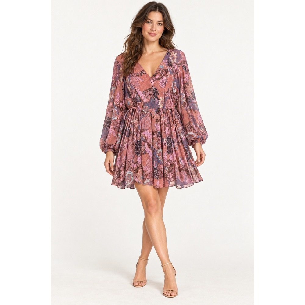 A.L.C. Elise 100% Silk Floral Mini Dress Women's 8 Pink Long Sleeve Tie Waist
